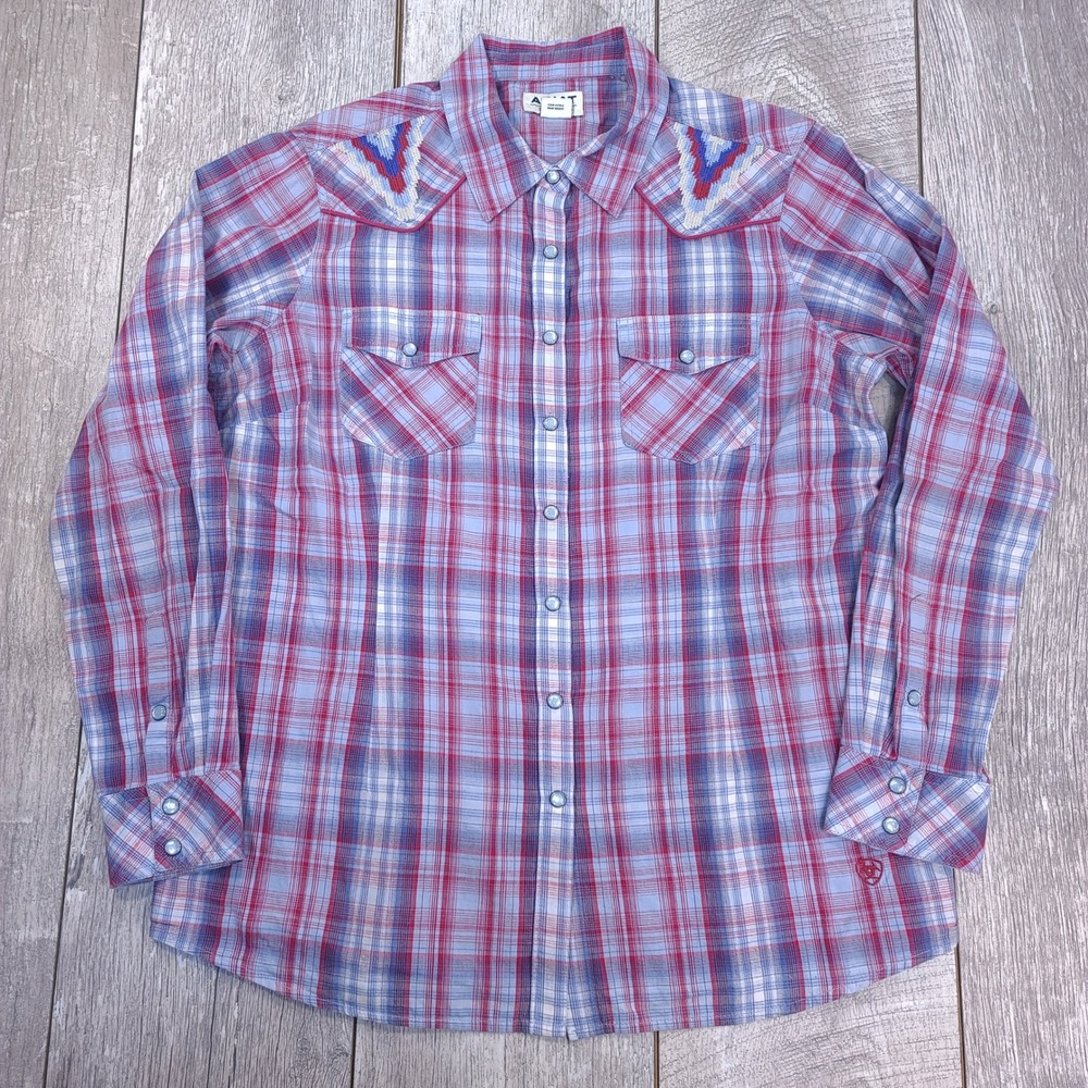 Ariat Western Shirt Women Large Purple Plaid Real Cornflower Embroidered Snap